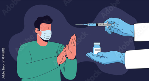 Man wearing a protective face mask uses hand gestures to refuse a vaccine injection offered by a doctor in blue gloves.