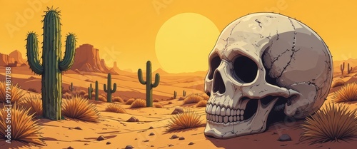 Desert Landscape With Skull And Cactus Under A Vivid Sunset In The Arid Wild West