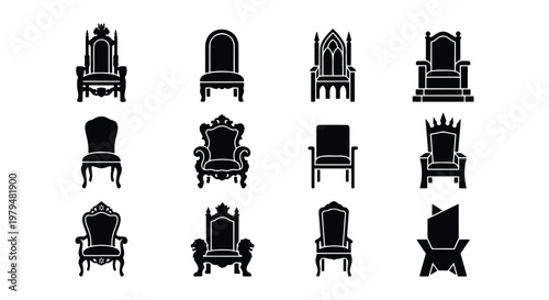 Medieval throne icons set, royal king chair silhouettes, 12 antique furniture vector elements, gothic and fantasy seating for gaming UI