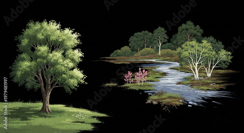 A serene landscape with a tree on grassy bank and winding stream through trees and pink flowers