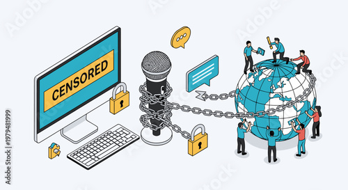 Group of people struggling against heavy chains attached to a microphone and a globe while a computer screen displays censored.