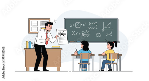 Angry teacher pointing at a failed test paper while scolding two young schoolgirls in a classroom with a chalkboard.