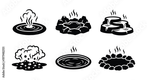 Geothermal hot springs and geyser icons, black and white volcanic thermal pool vector set, 6 steaming mineral water spring elements for travel maps