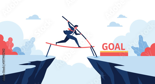 Determined businessman in a suit using a pole to vault across a deep mountain canyon towards a platform labeled goal.