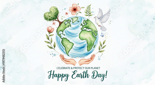 Happy earth day illustration with hands holding the globe and flowers