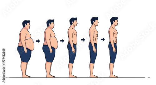 Series of five detailed illustrations showing a man's physical transformation from obesity to a fit and muscular body.