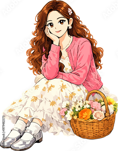Cute anime girl with flower basket