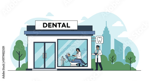 Exterior view of a modern dental clinic building showing a dentist treating a patient through a large window with a city background.