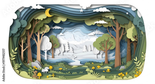 A whimsical layered landscape with trees, clouds, and a serene mountain lake scene