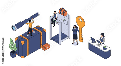 Tiny travelers using a giant telescope, sitting on a security scanner, and holding a large key near an airport reception desk.