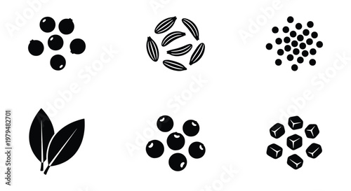 Minimalist spice and herb icon set, black culinary seasoning vector elements, peppercorns and bay leaves collection for food packaging