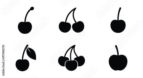 Minimalist cherry icon set, black silhouette fruit vector collection, simple organic berry symbols for food branding and menu design
