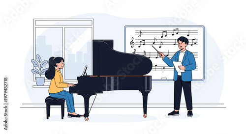 Young girl sitting at a grand piano while a male teacher uses a baton to point at musical notes on a white board.