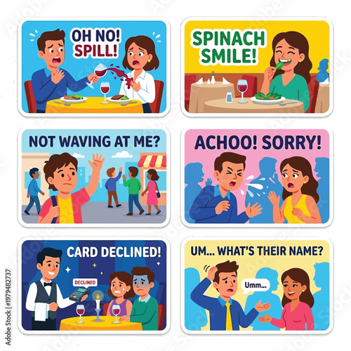Premium Set 6 Exaggerated Stickers Flat Vector Art Realistic Failure Moments In Social Dating Awkward Situation Spilled Wine Food In Teeth Declined Card Embarrassment White Background
