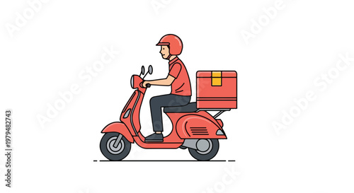 Red delivery scooter vector illustration, courier man riding motor bike with food box, fast shipping service concept, flat line art style moped for logistics and transport