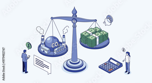 Large scales balancing a polluting factory globe labeled CO2 on one side and tall stacks of money on the other.