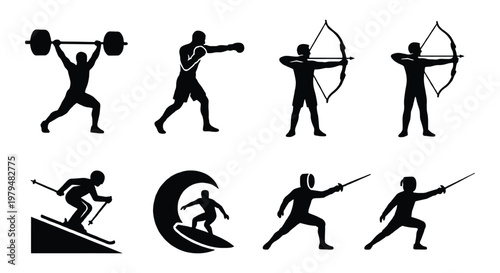 Athletic sports silhouettes set, 8 black vector icons of athletes, olympic competition symbols for weightlifting, boxing, archery, skiing, surfing and fencing