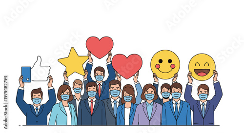 Diverse group of business people wearing face masks and holding up large icons for likes, stars, hearts, and smiley faces.