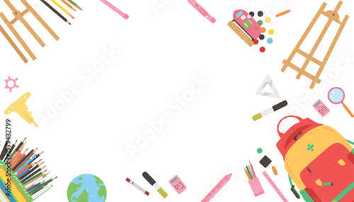 School supplies arranged in a circular border with a white center for text during daytime