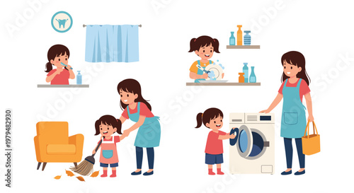 Illustrations of young girls helping with household chores including brushing teeth, washing dishes, sweeping, and laundry.