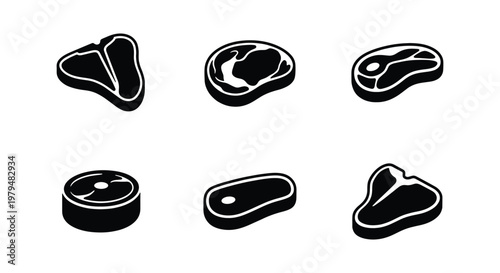 Minimalist meat steak icons set, black and white beef cuts vector illustrations, collection of 6 raw meat silhouettes for butcher shop and restaurant menus