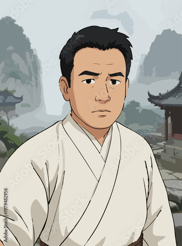 Serious man portrait traditional outfit illustration style