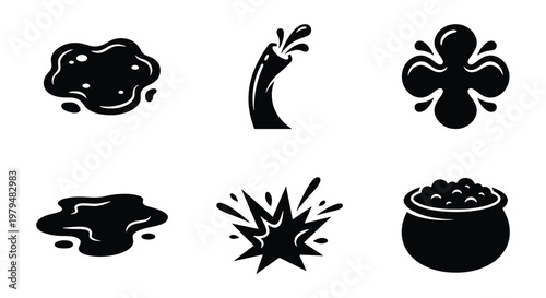 Black oil spill and liquid splash icons set, crude petroleum puddle and industrial leak symbols, 6 vector elements for energy industry graphics