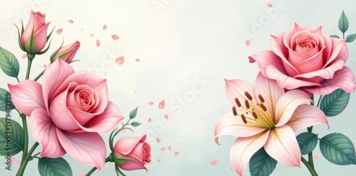 Delicate pastel roses & lilies, soft watercolor effect, flowers, design