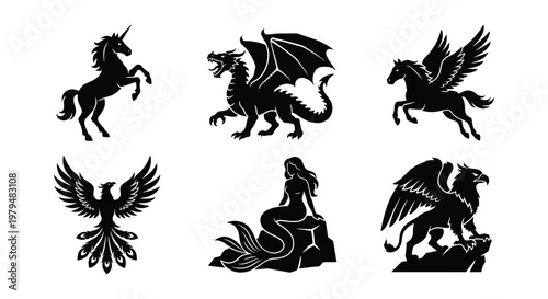 Mythical creatures silhouette collection, 6 fantasy animal vector icons, black dragon unicorn and mermaid set, heraldic griffin and phoenix symbols