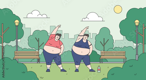 Two plus-size women performing stretching exercises together in public park with city skyline and trees in background.