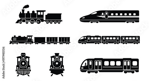 Vintage and modern train icon set, black silhouette steam locomotive and high speed electric rail transport, 7 vector railway vehicle elements