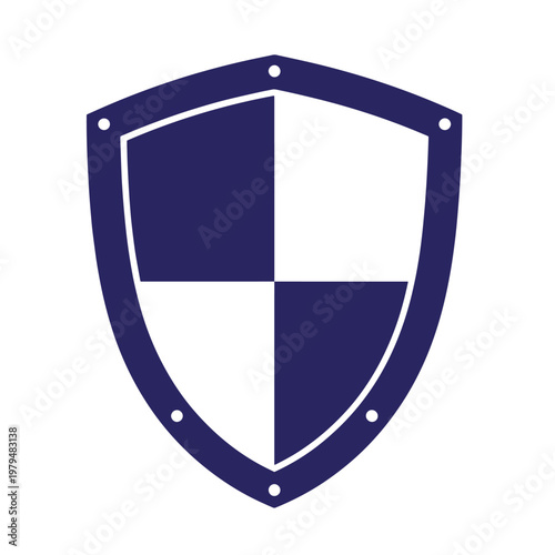 Blue shield with white and dark blue checkered pattern, rivets on border white background