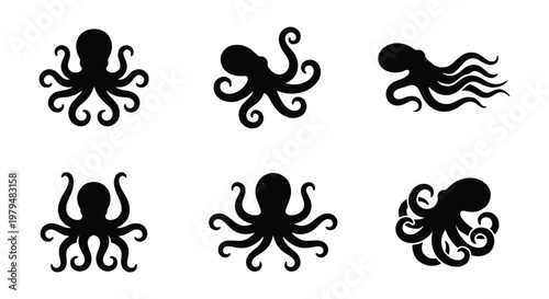 Black octopus silhouette icons set, 6 sea creature vector elements, minimalist kraken and cephalopod symbols for logo design and nautical branding