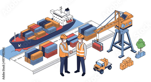 Two port workers wearing face masks shaking hands in container terminal with cargo ship and heavy cranes during sunset.