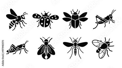 A collection of various black silhouette insect icons depicting bees beetles grasshoppers and flies high quality professional detailed modern elegant stylish