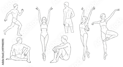 Minimalist line art people collection, set of 7 athletic male and female figures in motion, black and white contour drawings of dancers and runners for modern design projects