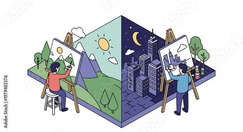 Creative artist painting mountain landscape in daylight and city skyline at night on two separate easels in studio.