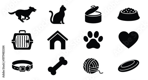 Pet care icon set with 12 black silhouettes, domestic animal supply symbols for veterinary clinics, dog and cat accessories vector collection