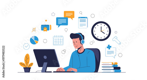 Young man wearing headphones studying at computer with various educational icons and clock floating in background.