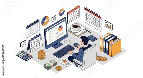 Male accountant working at cluttered desk with computer, charts, calendars, money, and calculators for financial planning.