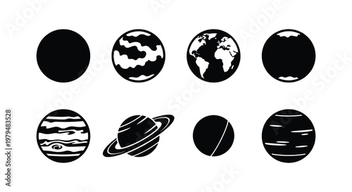 Minimalist solar system planet icons, set of 8 black and white celestial body vectors, flat astronomical symbols for science and space education