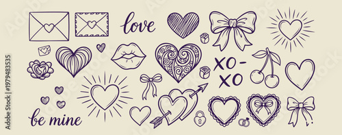 Hand drawn love symbols hearts pattern, minimalist valentine romance and kiss doodles, decorative xoxo and heart arrow sketches, artistic love letter and bow icons, minimalist romantic relationship an