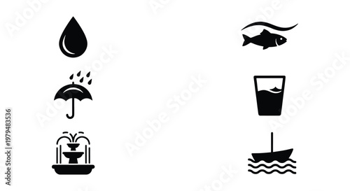Minimalist water icons set, black aquatic vector symbols, collection of 6 liquid and marine elements for environment and weather design