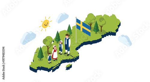Isometric map of Sweden featuring family dressed in traditional folk costumes standing among pine trees and flag.