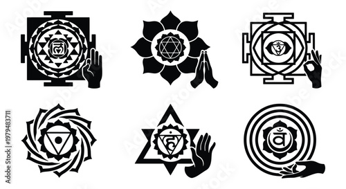 Sacred geometry chakra symbols set, spiritual mandala icons with mudra hand gestures, black and white esoteric yoga vector illustrations