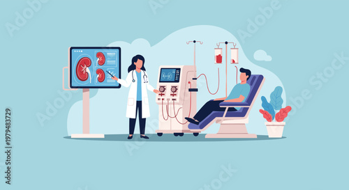 Doctor explaining kidney health on monitor to patient undergoing dialysis treatment with medical machine in clinic.