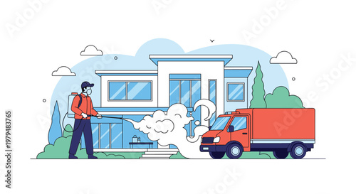 Professional pest control worker spraying disinfectant outside modern house near service truck with smoke effect.