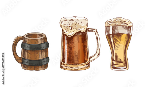 Hand drawn vintage sketch set of beer mugs and glasses with foam wooden barrel and pint styles illustration