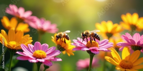 Busy bees dance amidst blooming flowers, joyful style, sweet, beehive