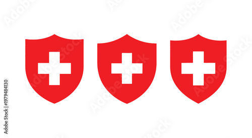Three red shields displaying the swiss cross a bold silhouette